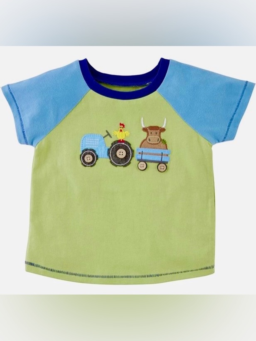 Mud Pie kids blue & green farm tractor appliqué tee